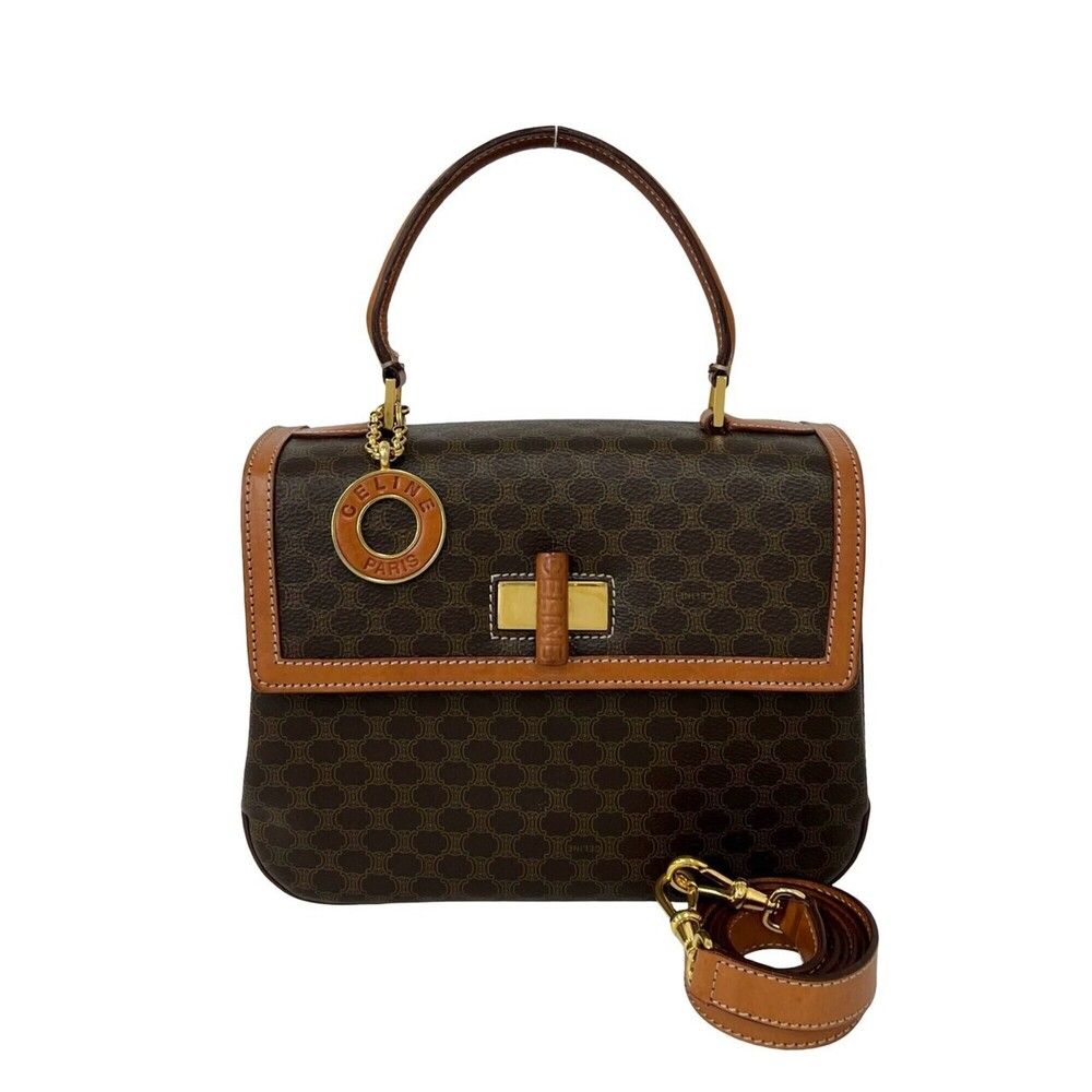 CELINE Circle Logo Macadam Pattern Leather 2-Way Handbag/Shoulder Bag Brown 2...